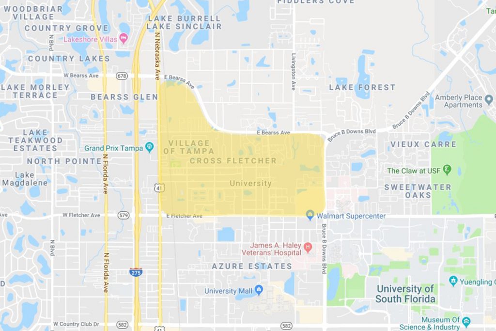 UA Area Highlighted on a map showing a one and a half-square mile bounded by E. Fletcher Ave., N. Nebraska Ave., E. Bearss Ave., and Bruce B. Downs Blvd. in Hillsborough County, Florida.