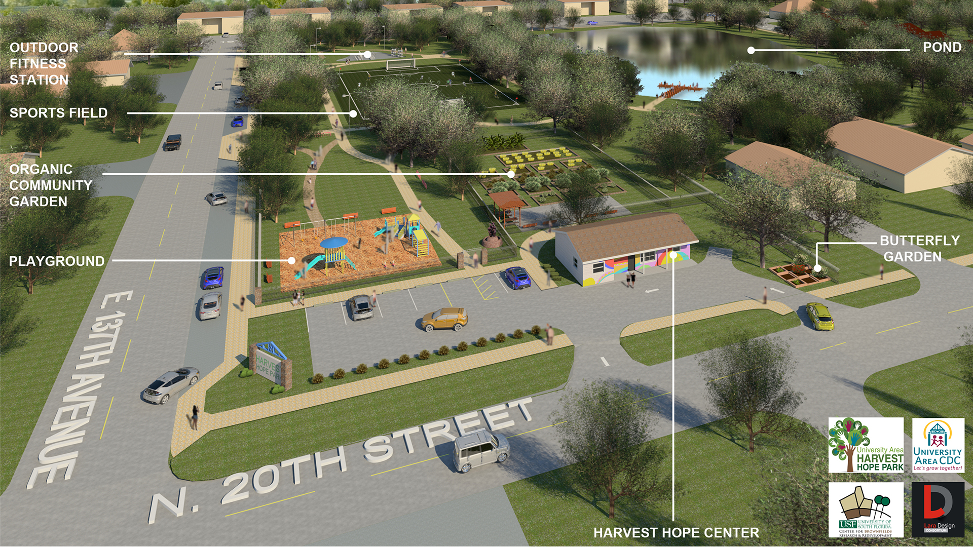 An artist's rendering of the University Area and Harvest Hope Park